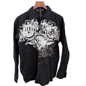 Phat Farm Men's Black Graphic Print Front back hit Long Sleeve Button Up Shirt L